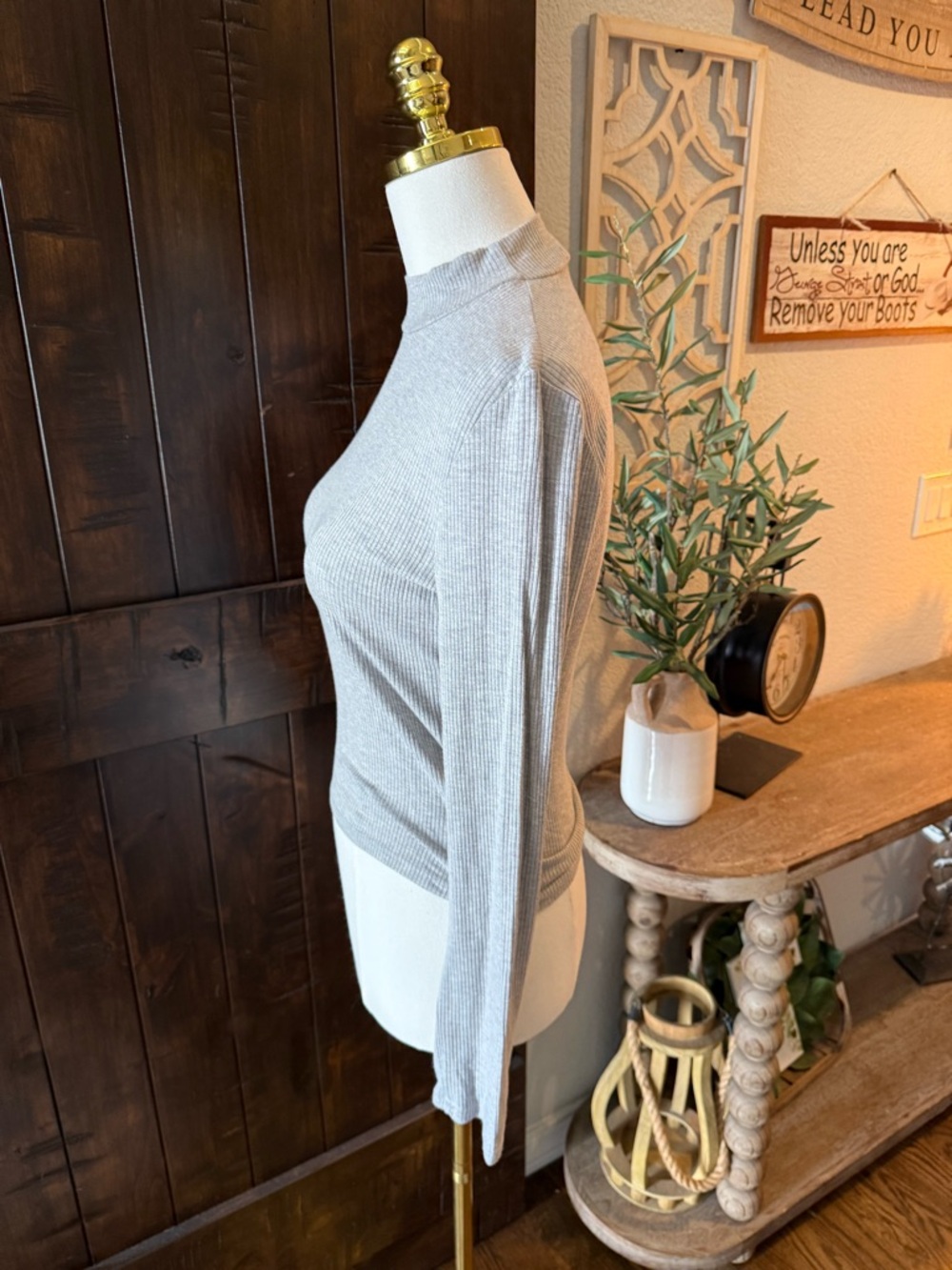 Ribbed Mock Neck Long Sleeve Top - Light Gray - Picture 2 of 4